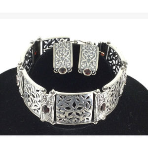 Sterling Silver .925 Didae Israel 3 Pieces Earrings and Bracelet 8 Large Garnets